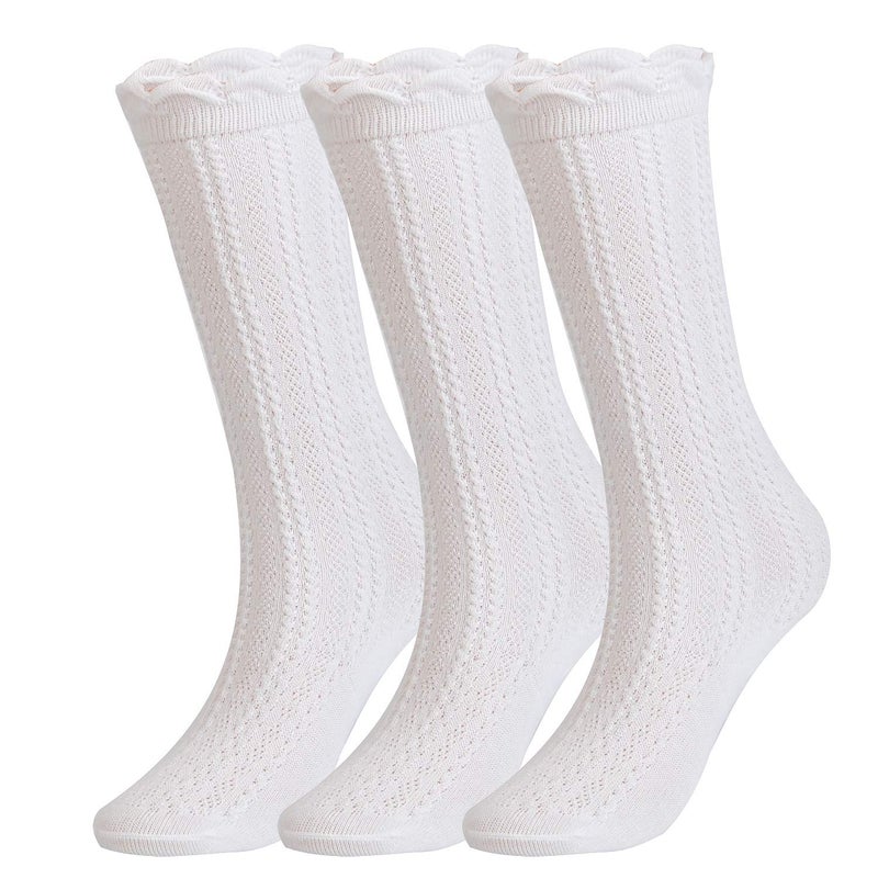 EPEIUS 3 Pairs Little Girls Cotton Uniform Knee High Socks Kids Boys Tube Ruffled Stockings for 6-8 Years,White - Image 1